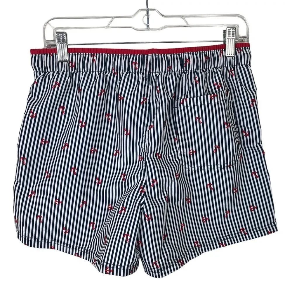 OP Men’s Swim Trunks NWT Navy/White Vertical Striped w/Red Anchors Elastic Waist